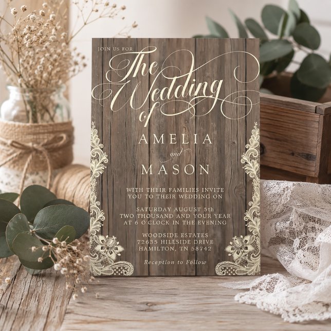 Convite Casamento Rústico com Caligrafia em Script de Rend (Lace and Wood Script Calligraphy Rustic Wedding Invitation)