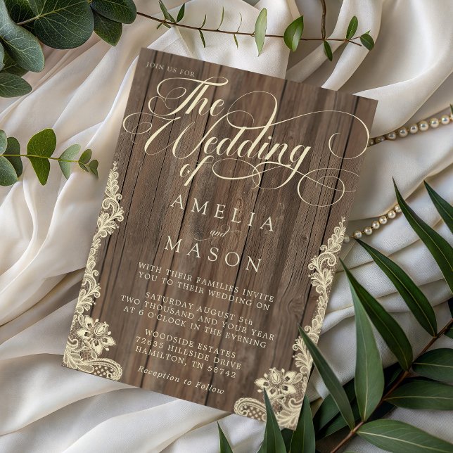 Convite Casamento Rústico com Caligrafia em Script de Rend (Lace and Wood Script Calligraphy Rustic Wedding Invitation)