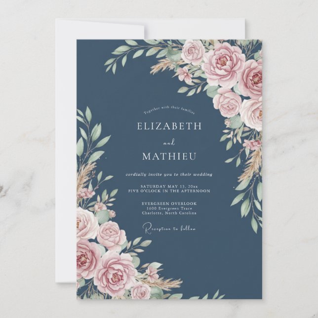Convite Casamento Rústico com Flor de Rosa Empoeirada (Frente)