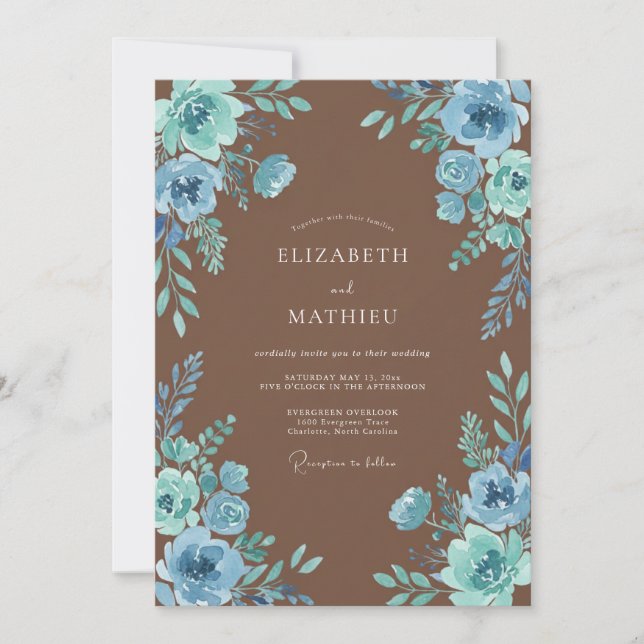 Convite Casamento Rústico com Floral Azul Empoeirado (Frente)