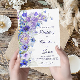 Convite Casamento Rústico com Flores Silvestres Roxas e Az