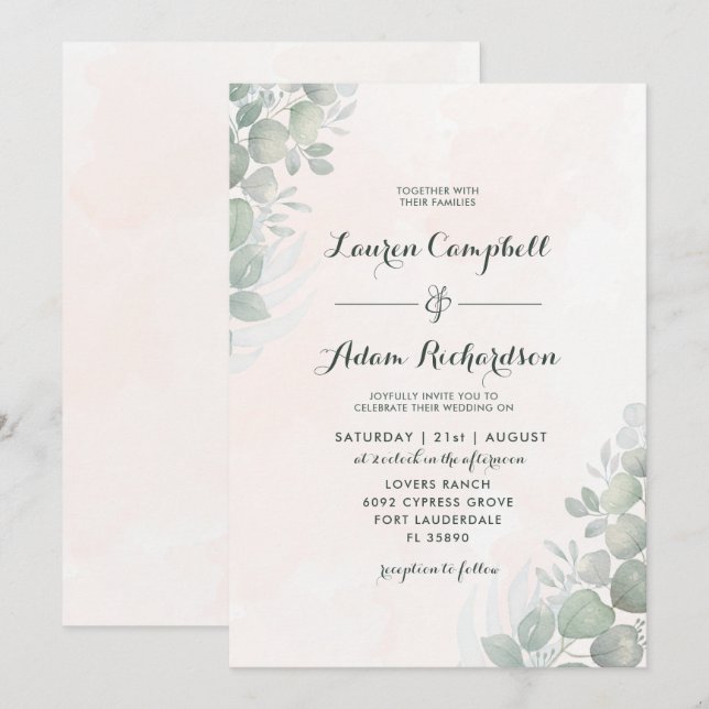 Convite Casamento Rústico com Folhagem de Eucalipto Verde  (Frente/Verso)