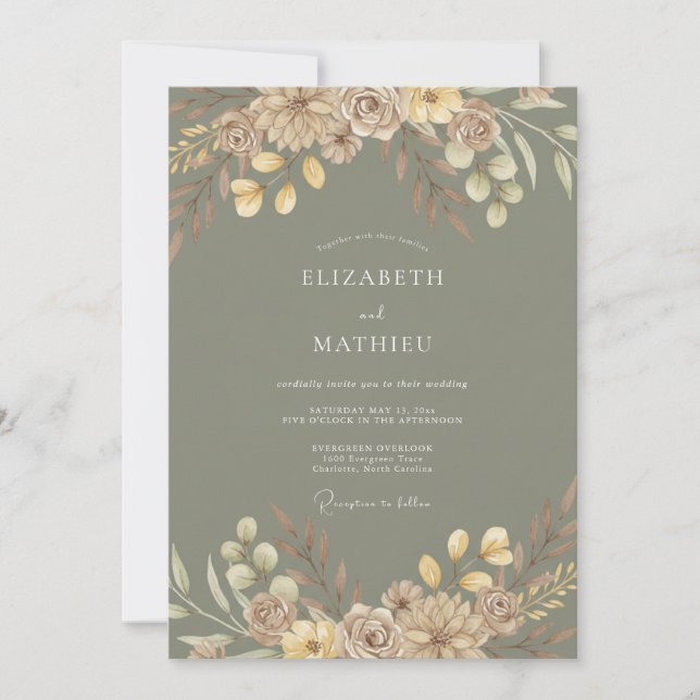 Convite Casamento Rústico com Folhagem em Verde Salvia (Frente)