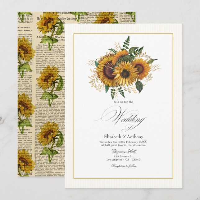Convite Casamento Rústico com Girassol e Dourado (Frente/Verso)