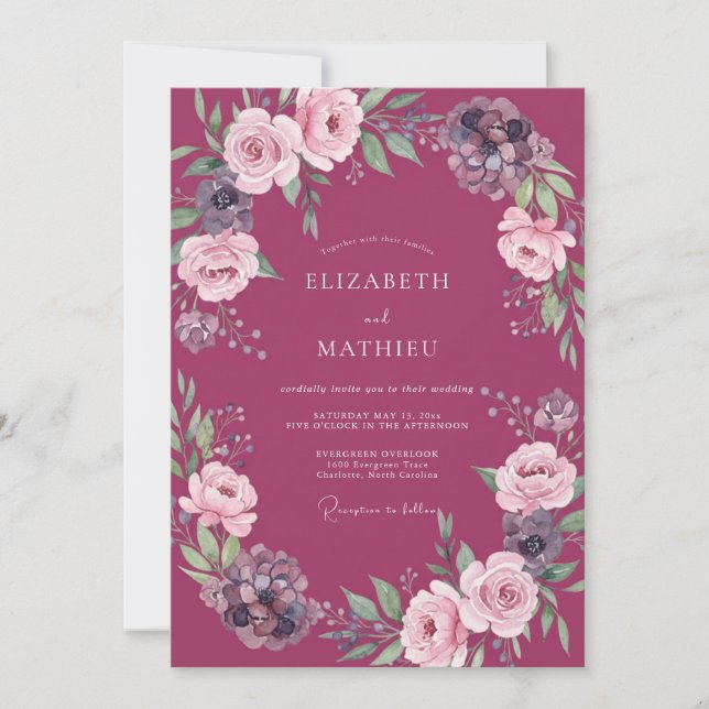 Convite Casamento Rústico com Peônia Magenta (Frente)