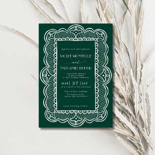 Convite Casamento Rústico com Renda Verde e Branco Old Mon