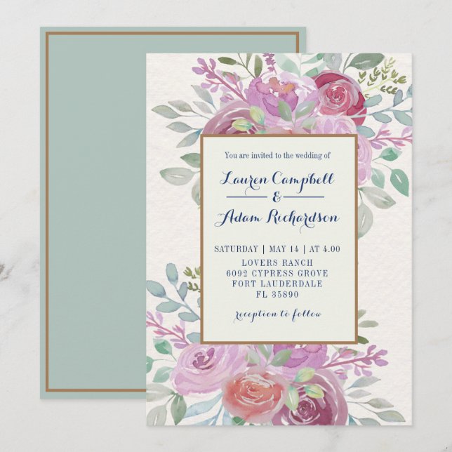 Convite Casamento Rústico com Rosa Burgundy e Rosa em Aqua (Frente/Verso)