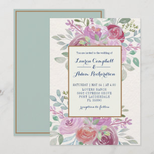 Convite Casamento Rústico com Rosa Burgundy e Rosa em Aqua