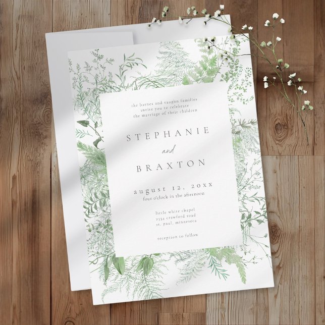 Convite Casamento Rústico com Samambaia em Aquarela (Watercolor Greenery Fern Rustic Wedding Invitation)