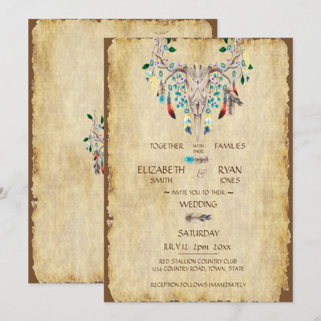 Convite Casamento Rústico, Crânio de Veado, Penas (Frente/Verso)