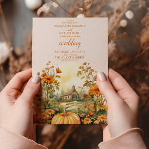 Convite Casamento Rústico de Abóbora Floral de Outono