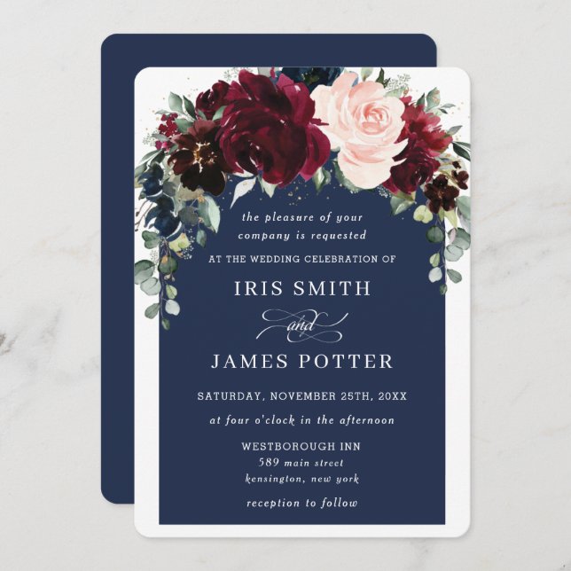 Convite Casamento Rústico de Arco Floral Marinho Blush Bur (Frente/Verso)