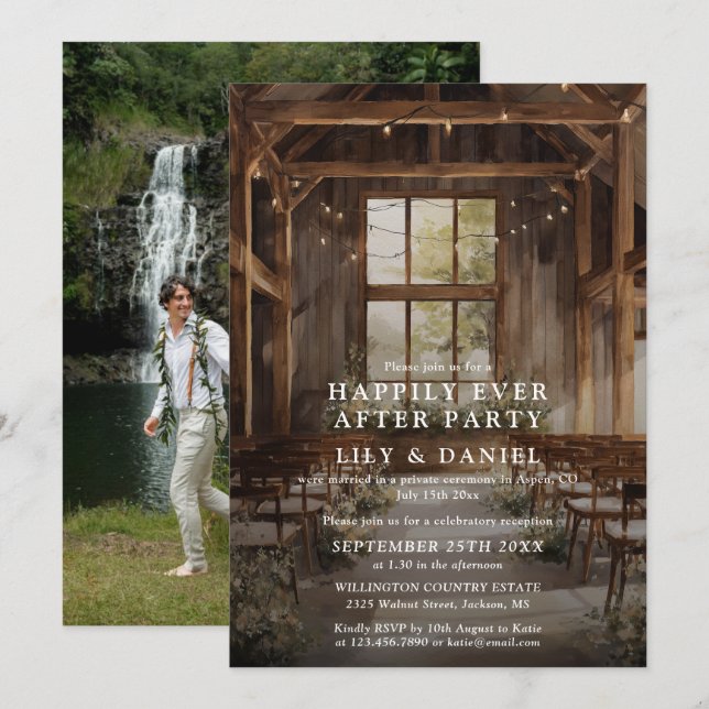 Convite Casamento Rústico de Barn Feliz para Sempre Foto (Frente/Verso)