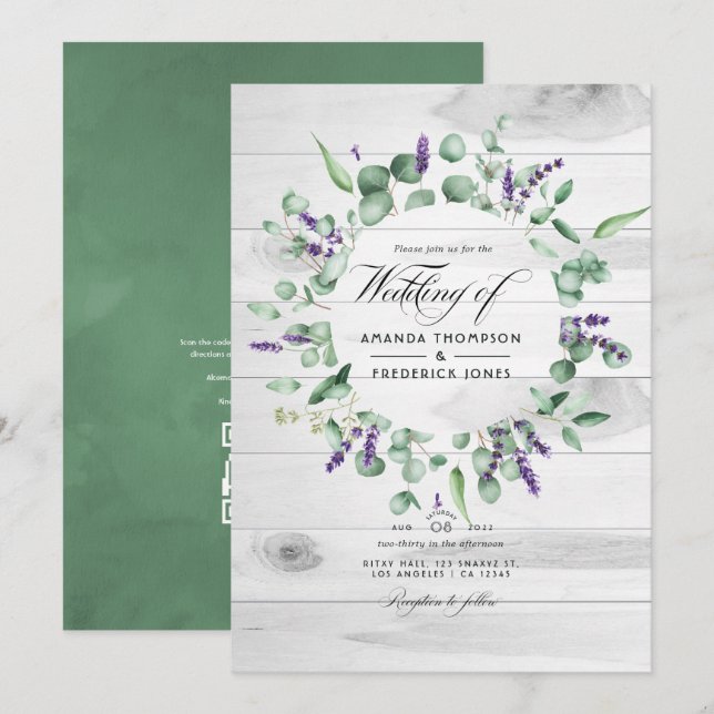 Convite Casamento Rústico de Eucalipto Lavanda em Celeiro  (Frente/Verso)