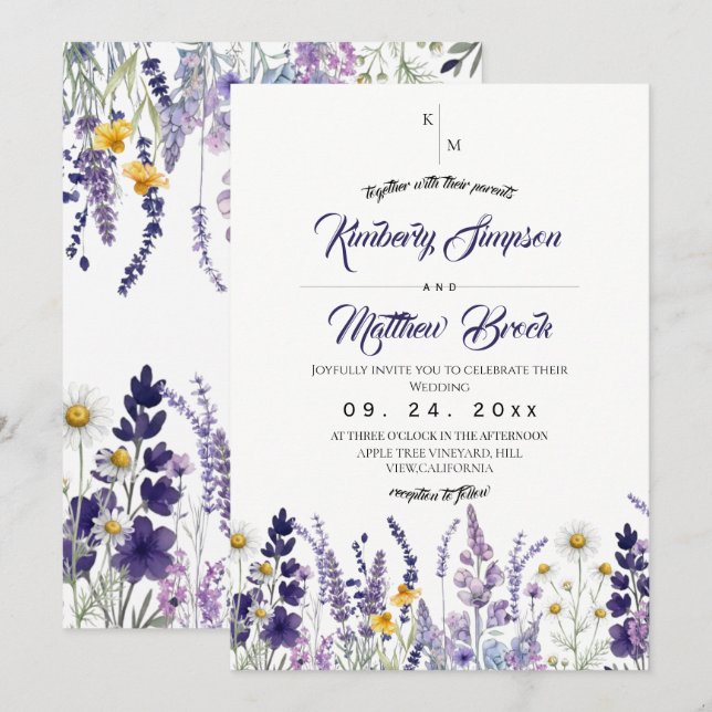 Convite Casamento Rústico de Flor Silvestre Elegante (Frente/Verso)