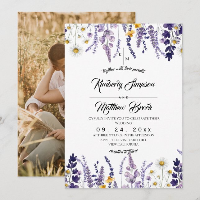 Convite Casamento Rústico de Flor Silvestre Elegante (Frente/Verso)