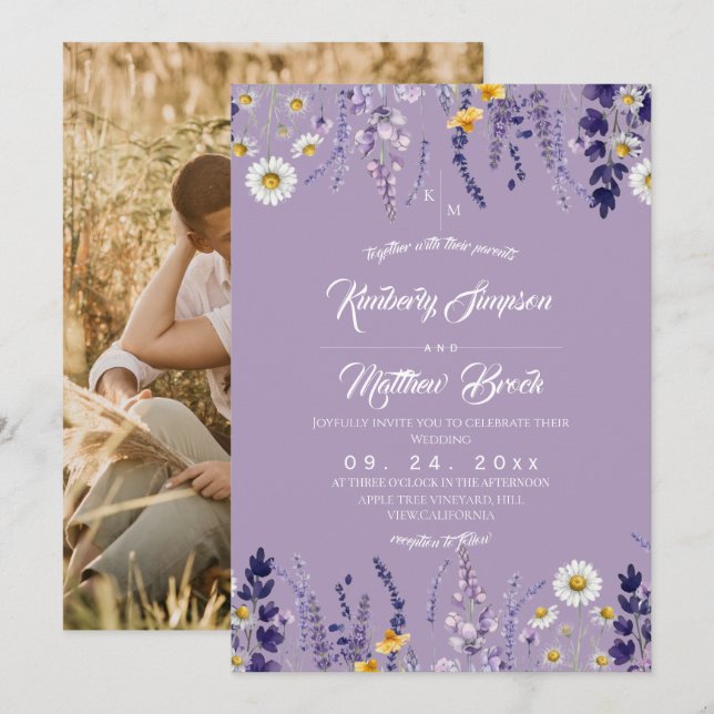 Convite Casamento Rústico de Flor Silvestre Elegante Roxa  (Frente/Verso)