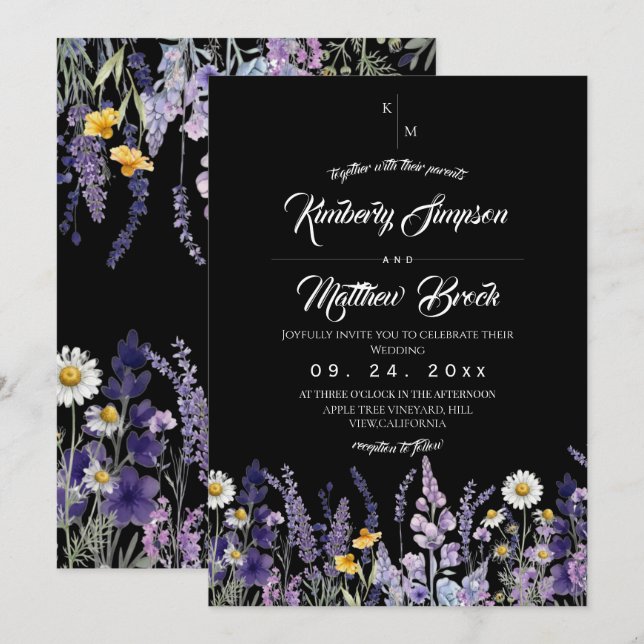 Convite Casamento Rústico de Flores Silvestres Moderno & E (Frente/Verso)