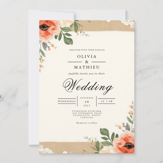 Convite Casamento Rústico de Florestas de Coral (Frente)