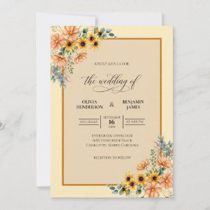 Convite Casamento Rústico de Girassóis Âmbar com Eucalipto