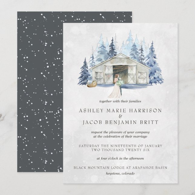 Convite Casamento Rústico de Inverno com Evergreen Barn (Frente/Verso)