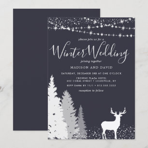 Convite Casamento Rústico de Inverno com Veado na Floresta