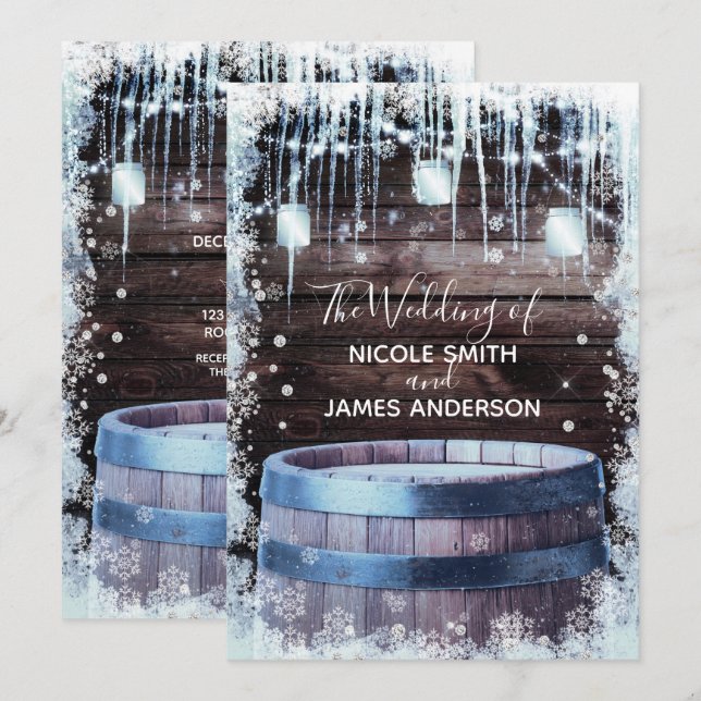 Convite Casamento Rústico de Inverno em Celeiro com Barril (Frente/Verso)