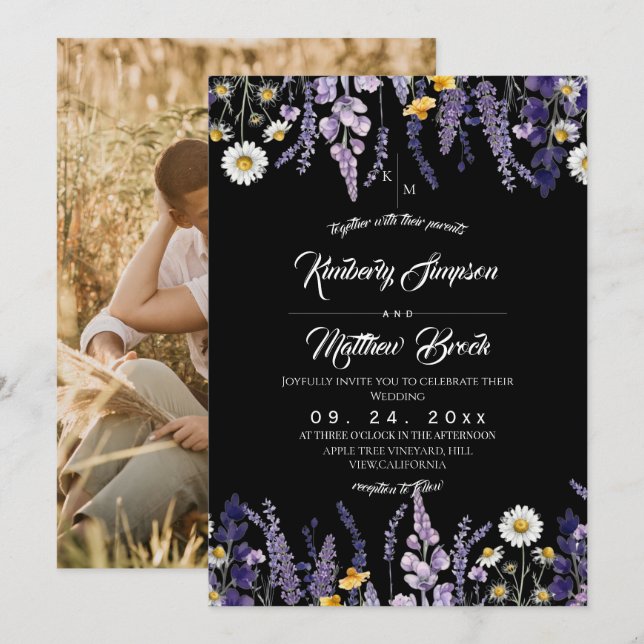 Convite Casamento Rústico de Jardim com Lavanda e Flores S (Frente/Verso)