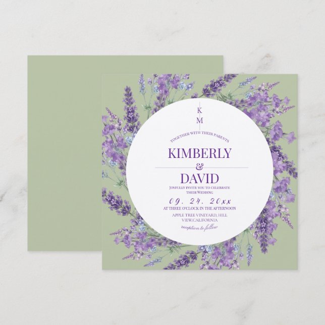 Convite Casamento Rústico de Lavanda e Salvia de Flor Silv (Frente/Verso)