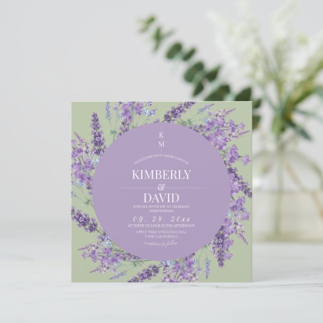 Convite Casamento Rústico de Lavanda e Salvia de Flor Silv (Em pé/Frente)