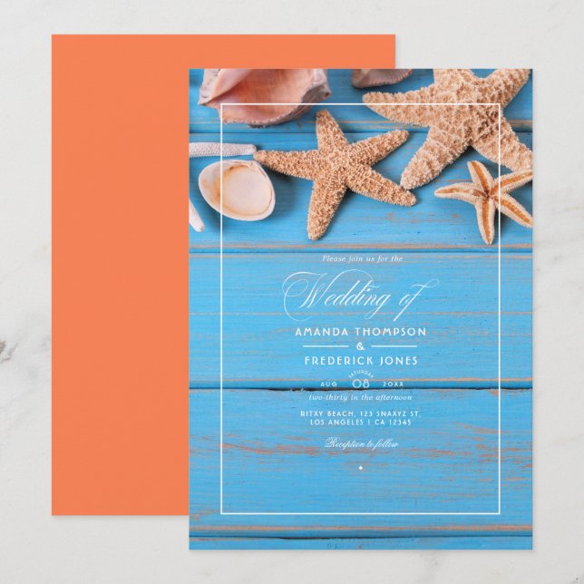 Convite Casamento Rústico de Praia com Turquesa e Coral (Frente/Verso)