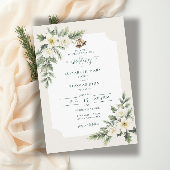 Convite Casamento Rústico de Rosas de Natal de Inverno (winter wedding invitation christmas roses bells elegant rustic frame muted green botanical floral)