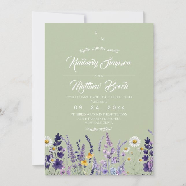 Convite Casamento Rústico de Salvia e Lavanda com Flores S (Frente)