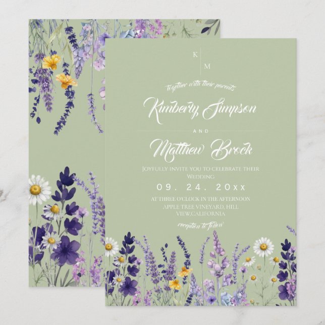 Convite Casamento Rústico de Salvia e Lavanda com Flores S (Frente/Verso)