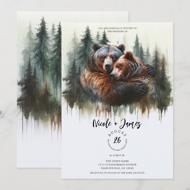 Convite Casamento Rústico de Urso de Aquarela na Selva (Frente/Verso)