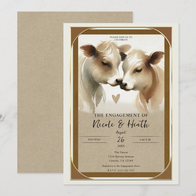 Convite Casamento Rústico de Vaca Amor Marrom Creme (Frente/Verso)