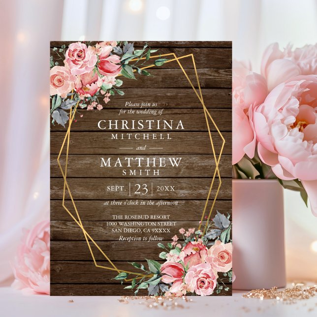 Convite Casamento Rústico Dourado com Floral Rosa em Aquar (Watercolor Floral Blush Pink Rustic Gold Wedding Invitation)