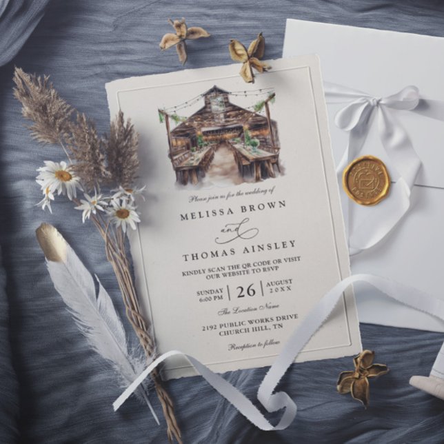 Convite Casamento Rústico Elegante com Código QR de Aquare (Criador carregado)