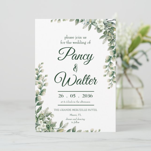 Convite Casamento Rústico Elegante com Folhas de Eucalipto (Em pé/Frente)