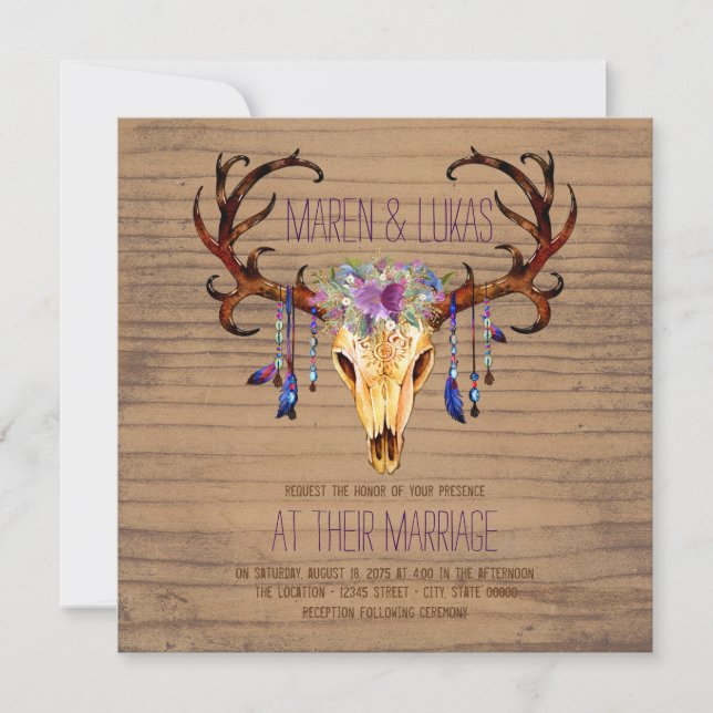 Convite Casamento Rústico em Aquarela com Galhada de Veado (Frente)