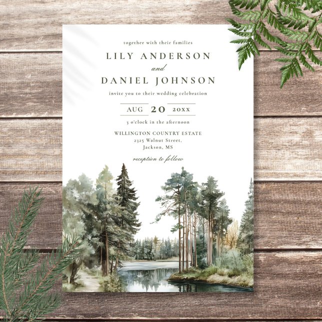 Convite Casamento Rústico em Floresta de Madeira à Beira d (Rustic Watercolor Lake Forest Woodland Wedding Invitation)
