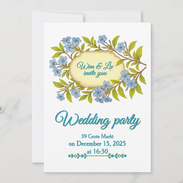 Convite Casamento rústico em linho azul em estilo floral  (Verso)