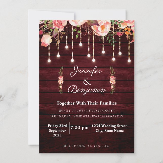 Convite Casamento Rústico em Madeira Marrom Floral (Frente)