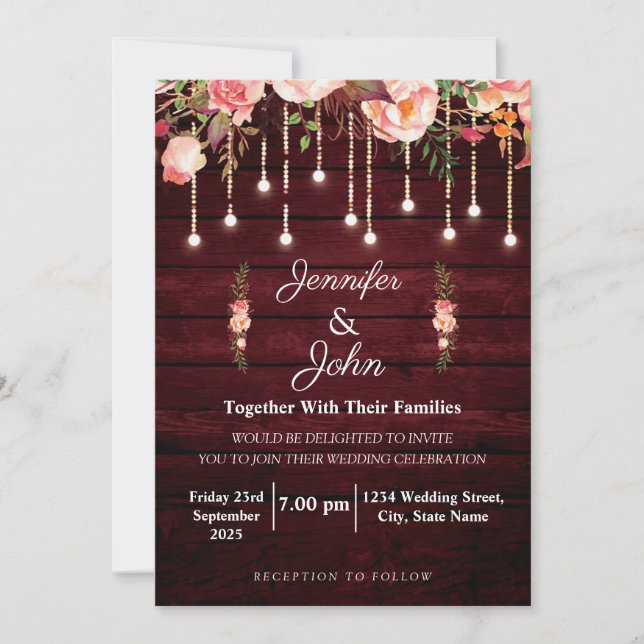 Convite Casamento Rústico em Madeira Marrom Floral (Frente)