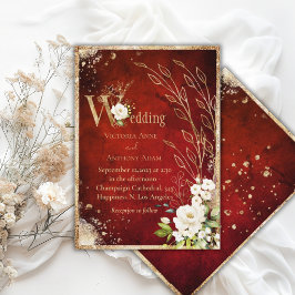 Convite Casamento Rústico Floral Branco Vermelho Dourado E