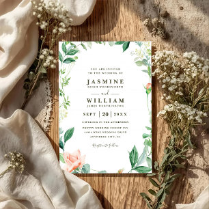 Convite Casamento Rústico Floral de Pêssego e Verdura com