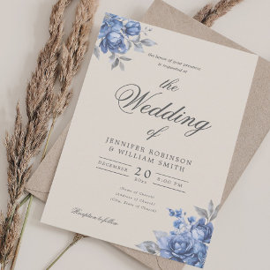 Convite Casamento Rústico Floral Elegante Script Azul Empo