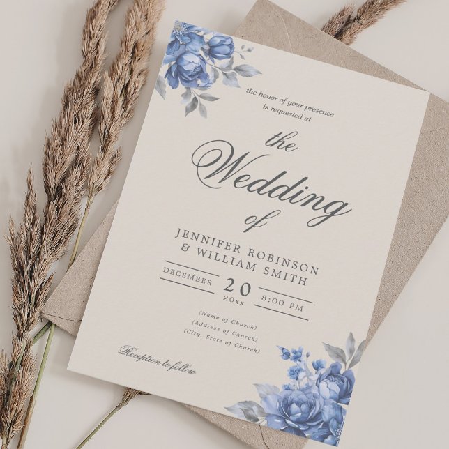 Convite Casamento Rústico Floral Elegante Script Azul Empo (Dusty Blue Rustic Floral Elegant Script Wedding Invitation)