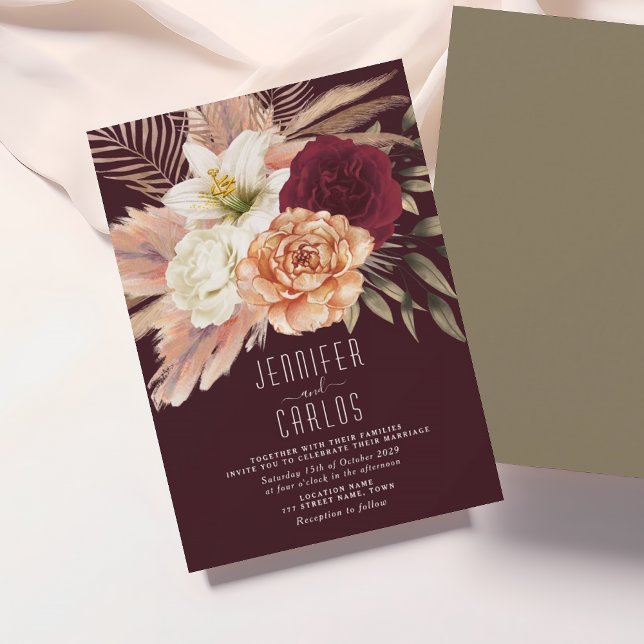 Convite Casamento Rústico Floral em Borgonha e Pêssego (Criador carregado)