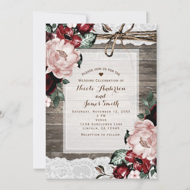 Convite Casamento Rústico Floral Glam com Madeira e Renda  (Frente)
